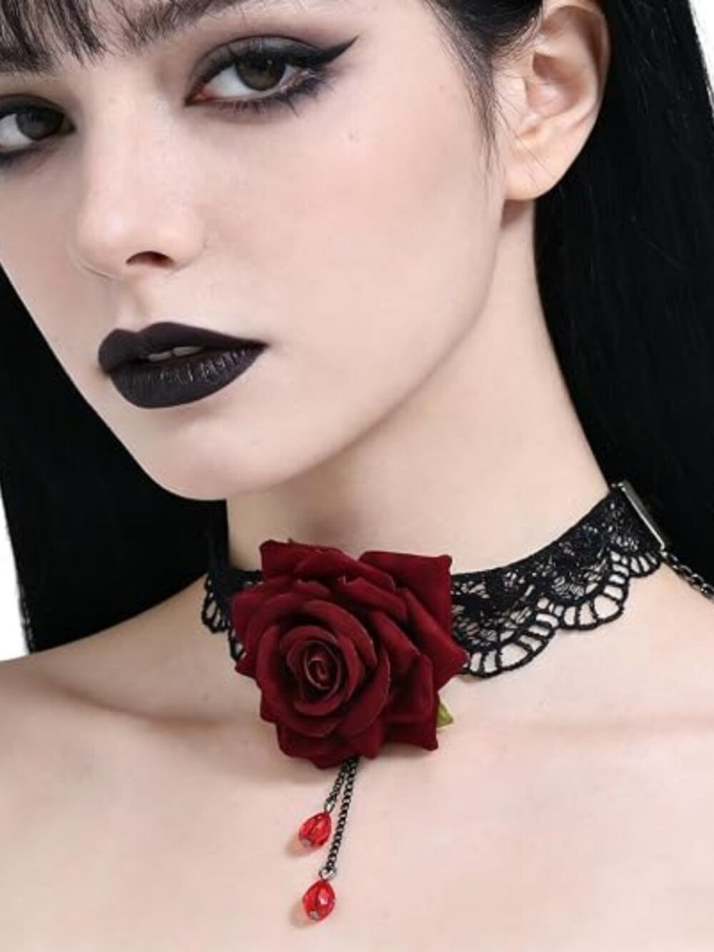 Gothic Black Lace Rose Choker Necklace – Vintage Victorian Goth Jewelry - Picture 4 of 7